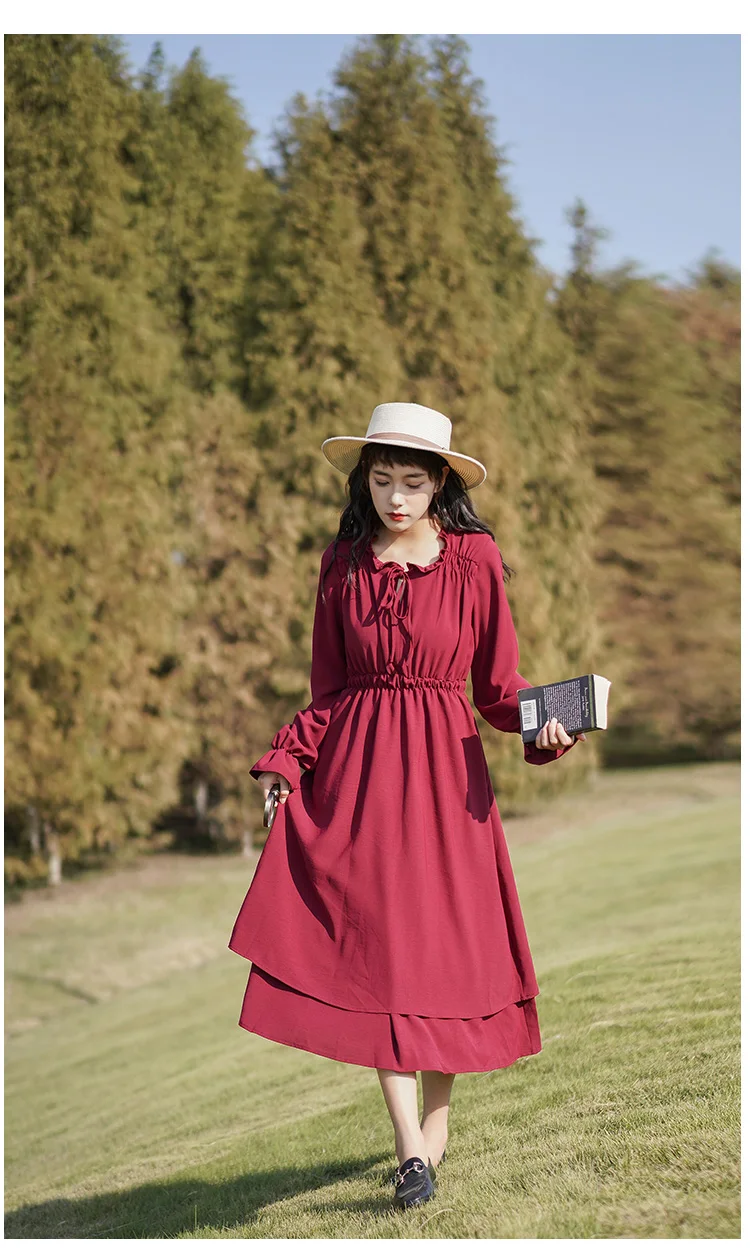 Японский стиль Mori Girl; Винтажный стиль; красное платье; сезон весна-осень; Женские однотонные длинные платья с круглым вырезом и длинными рукавами
