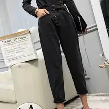 Женские черные рваные джинсы, винтажные женские свободные штаны-шаровары с высокой талией, повседневные джинсы с карманами на пуговицах размера плюс