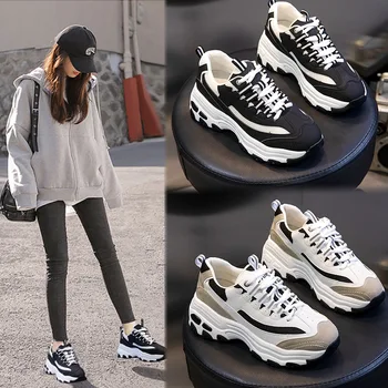 

Yiluan Brand Leather daddy shoes Autumn winter 2020 new woman thick bottom sneakers women round head lace-up casual single shoes