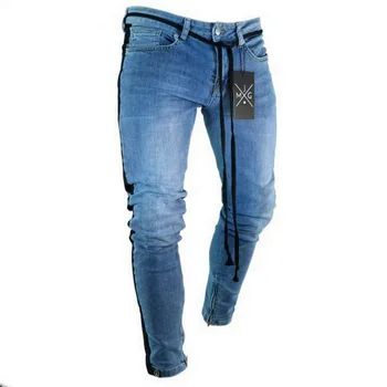 

Skinny Jeans Men Hip Hop Stripe Elastic Slim Fit Denim Pants Male Stretchy Pencil Bottoms Street Knee Ripped Holes Jean