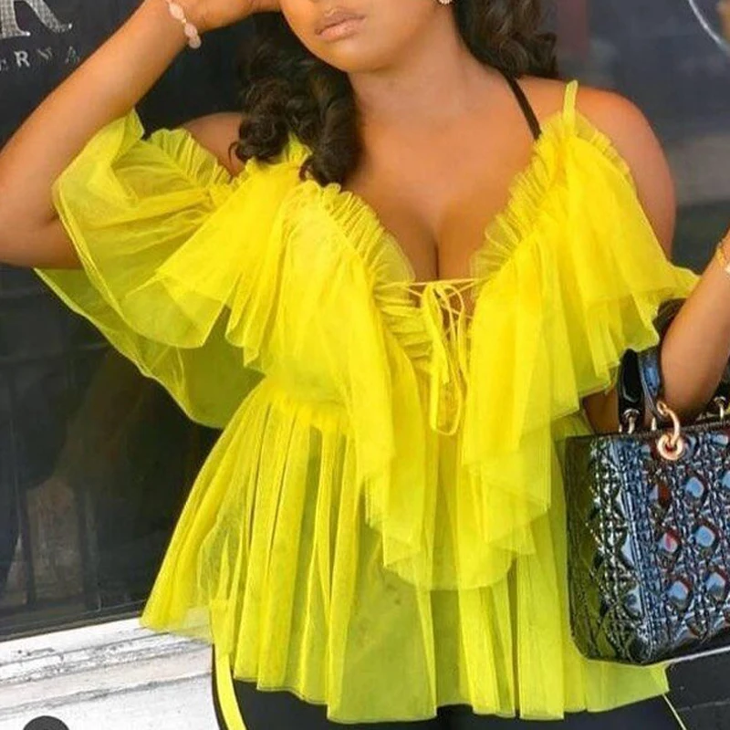 Женская сетчатая блузка в богемном стиле с v-образным вырезом на бретелях, рубашка с оборками с коротким рукавом, элегантные топы с баской, летние женские сексуальные Блузы на шнуровке - Цвет: Цвет: желтый