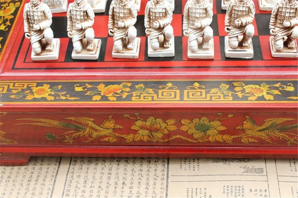 New Wood Chess Chinese Retro Terracotta Warriors Chess Wood Do Old Carving Resin Chessman Oversized Chess Piece Premium Yernea