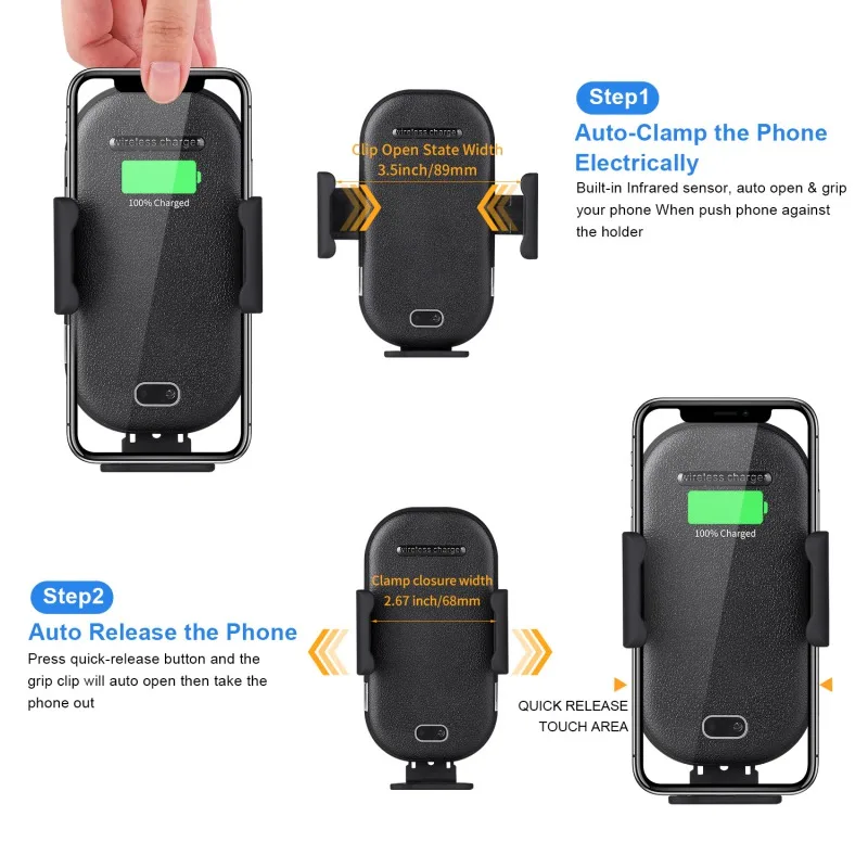 

Wireless Car Charger Mount, Infrared Induction Automatic Clamping Qi Cell Phone 10W 7.5W Fast Charging