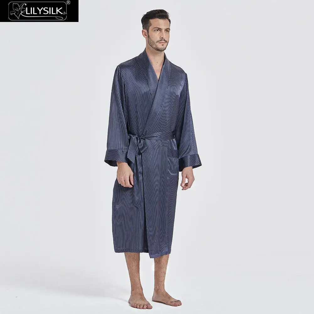 Double Blue Stripes LilySilk шелковый халат 19 Momme полосатый Полный Длина новая мужская одежда - Цвет: Double Blue Stripes