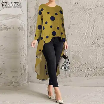 

Women's Polka Dot Blouse 2020 ZANZEA Stylish Asymmetrical Tops Casual Long Sleeve Blusas Female O Neck Blusas Oversized Tunic