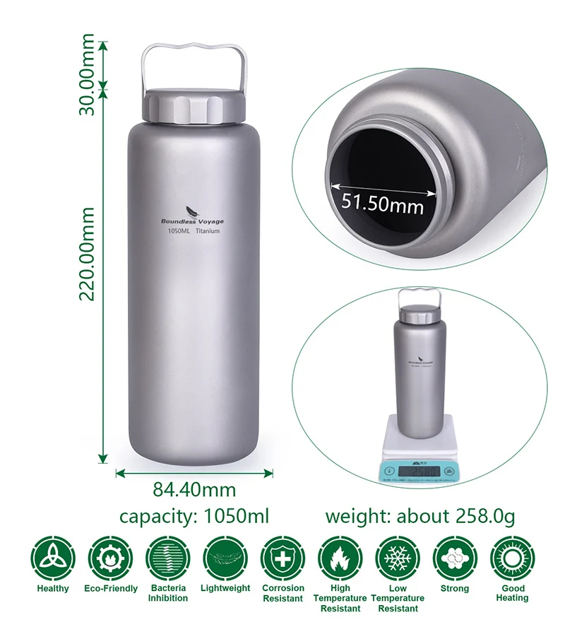 Description Picture 4 of itemBoundless Voyage Titanium Water Bottle 1050ml Camping Canteen Cycling Sport Drinking Bottle Metal Big Capacity Leak-Proof Flask