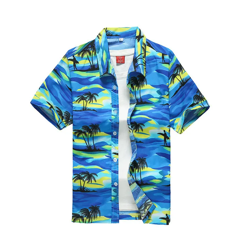 Men Hawaiian Shirt Fashion Casual Button Hawaii Print Beach Short Sleeve Quick Dry Top Blouse M-5XL