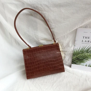 

Vintage Metal Clip Bags For Women Crocodile Pattern Women Shoulder Bag Soild Color Female Handbags Small Square Women's Bags New