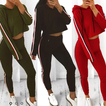 

Striped Crop top solid Suit Set 2019 Women Tracksuit Two-piece Sport Style Outfit Jogging Sweatshirt Fitness Lounge Sportwear