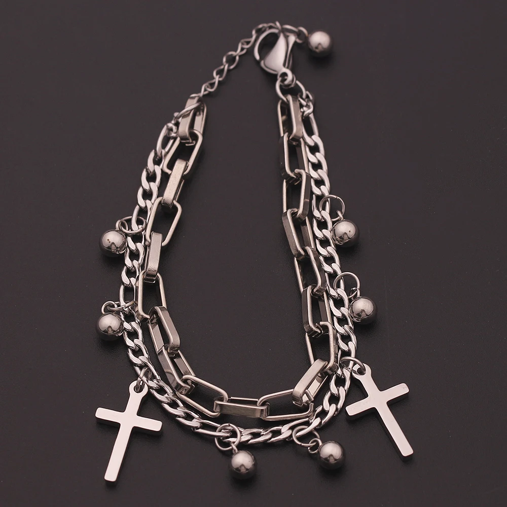 

New 2021 Vintage Religious Double Bracelet Round Bead Cross Multilayer Bracelet for Men and Women's Bracelet Jewelry Gifts