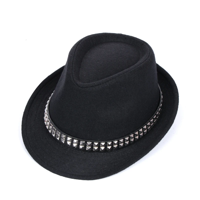 WELROG модные фетровые шляпы с заклепками в стиле панк для женщин и мужчин с двойными заклепками для джазового бара, черные шляпы с ремешками в стиле унисекс, Повседневные шапки в стиле ретро - Цвет: Double Rivet Black