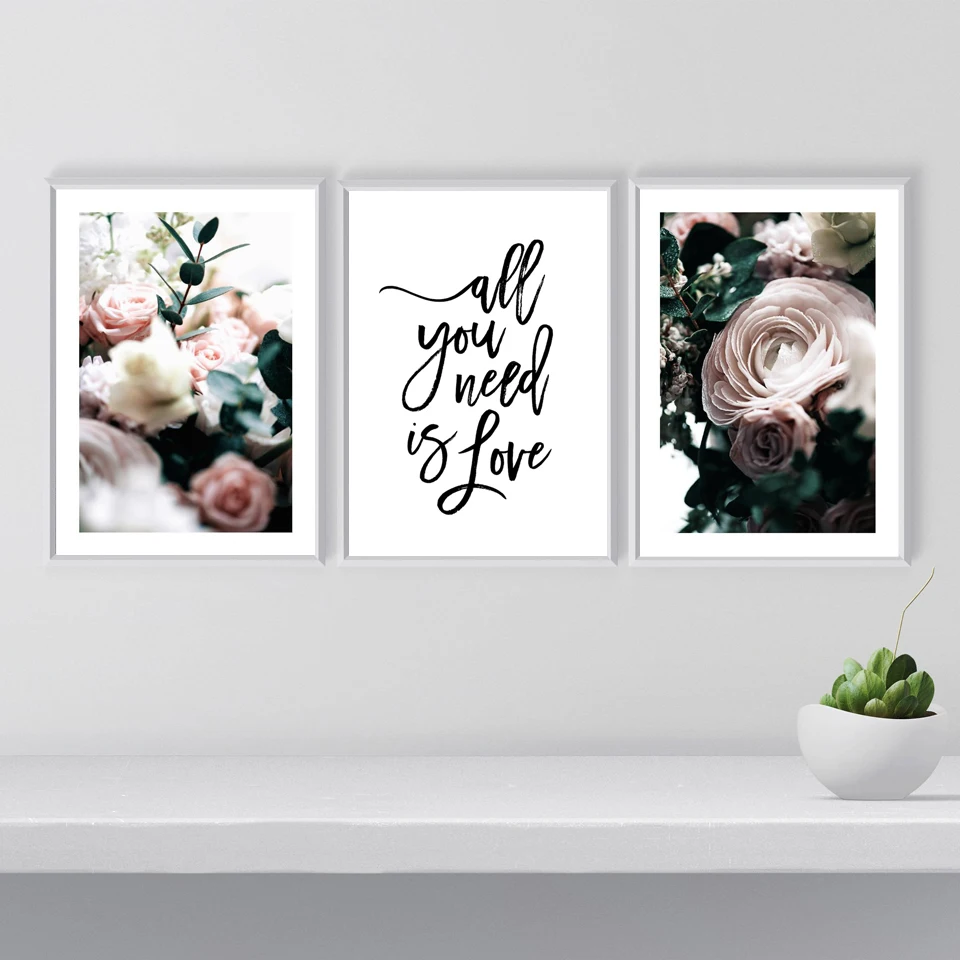 Scandinavian-Peony-Flower-Canvas-Wall-Art-Posters-and-Prints-Quote-Poster-All-you-need-is-Love