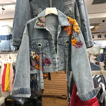 

2020 Spring New Fashion Heavy Sequins Flower Short Jeans Jacket Women's Casual Denim Coats Female Students Outwear