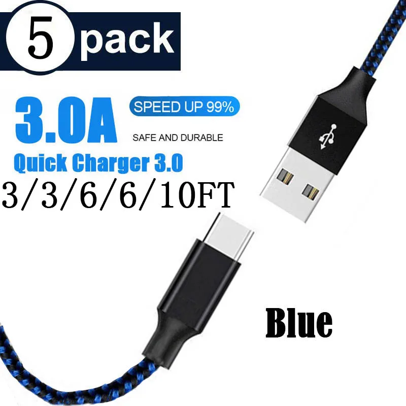 5 упаковок(3/3/6/3,0 футов) для Samaung S10 S10e S9 S8 S7 Plus Note 9 A40 A50 USB C кабель type C провод для быстрой зарядки зарядное устройство - Цвет: Синий