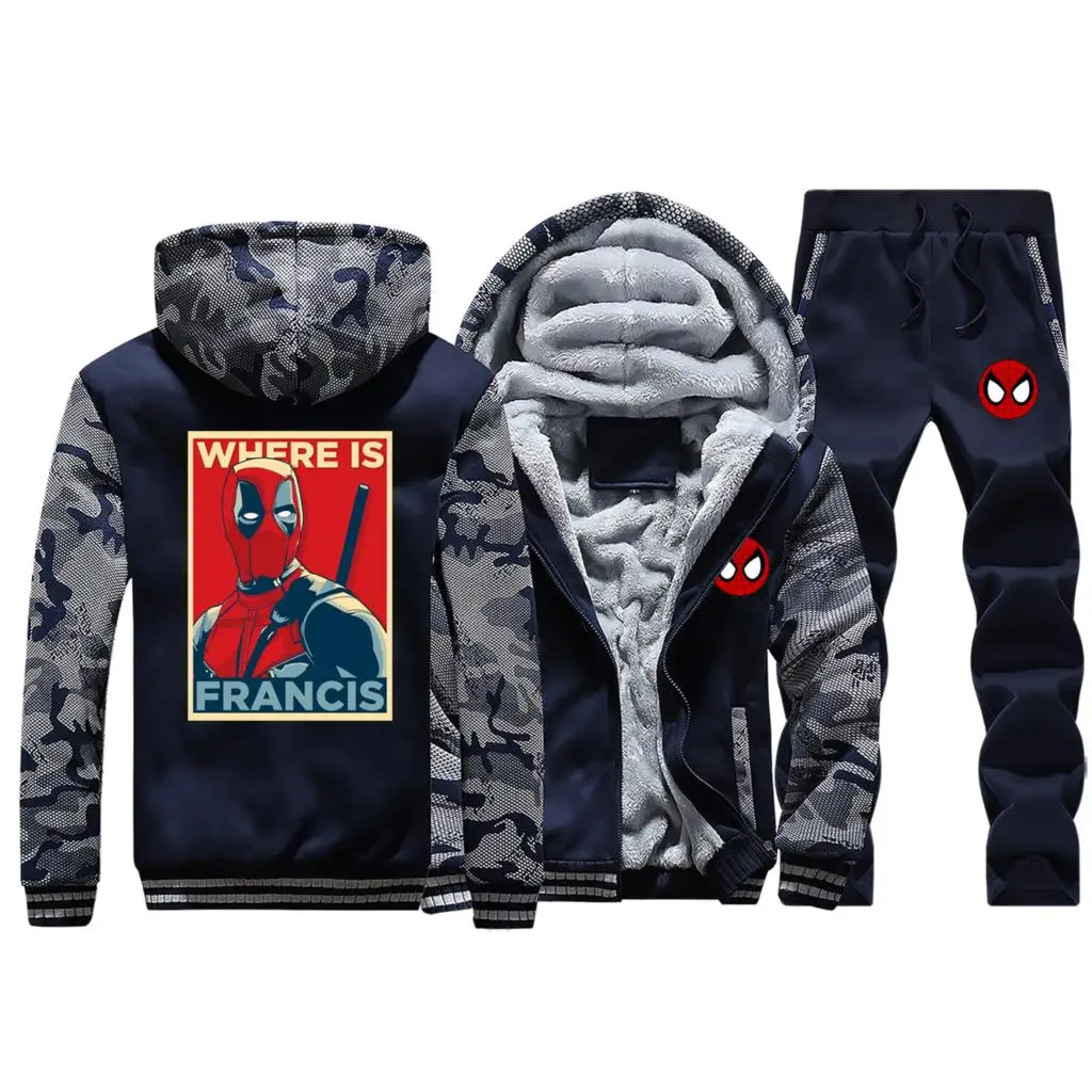Deadpool Marvel/Лидер продаж, зимнее пальто утепленная толстовка в стиле хип-хоп камуфляжной расцветки, теплые куртки, костюм Спортивная одежда с длинными рукавами+ комплект из 2 предметов, штаны - Цвет: Dark Blue