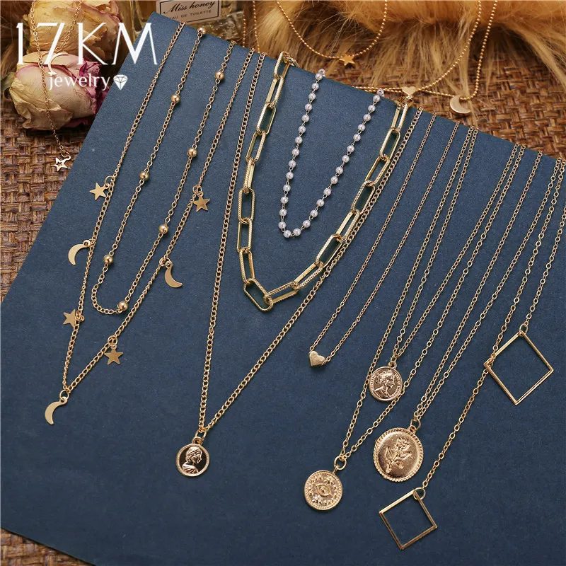 Coin Necklace Vintage Jewelry Long-Pendants Heart-Choker 17KM Moon Star Fashion Gold