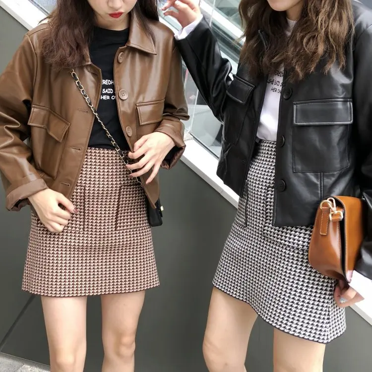 Осенняя Корейская шикарная Harajuku винтажная короткая простая кожаная куртка с отворотом Женская модная свободная однотонная Повседневная Женская куртка