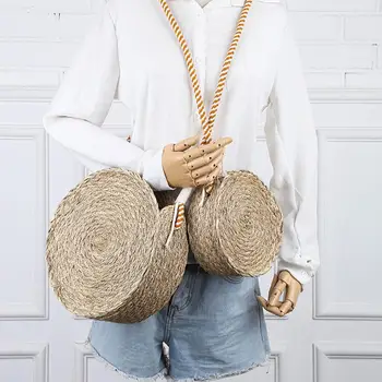 

Women Seaweed Handbags Round Simple Shopping Open Shoulder Bags Ladies Handmade Bohemia Weaving Crossbody Bags