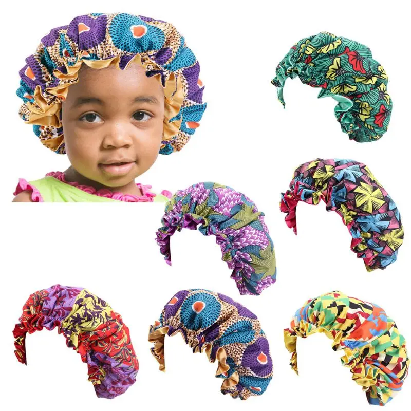 African Print Ankara Bonnet New Fashion Stain Silky Big Bonnet For Kids Children Sleep Cap Headwrap Hat Hair Wrap Access