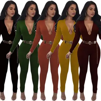 

Black Deep V Front Back Ribbed Knit Elegant Jumpsuit Woman Spring Sexy Casual Clothes 2020 Fashion Long Sleeve Skinny Bodysuit