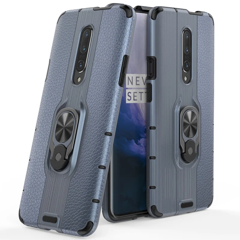 Бизнес кожа текстура Броня чехол для Oneplus 7 Pro чехол кронштейн палец кольцо Жесткий Чехол для One Plus 7 Pro Чехол Для Телефона - Цвет: Синий
