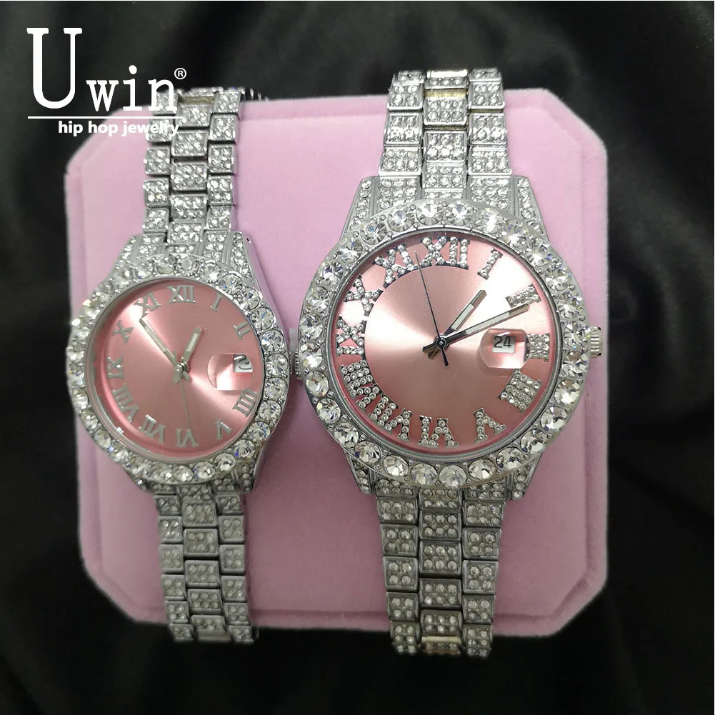 Uwin Small Dial Women's Watch Baby Pink Iced Out Quartz Clock Luxury Rhinestone Waterproof Wrist Watch Small Size For Women
