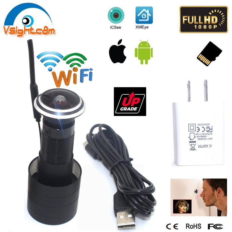 

Security 1080P WIFI camera Door Eye Hole Wireless camera surveillance 1.78mm fisheye Wide angle Lens TF card Slot P2P Onvif RTSP