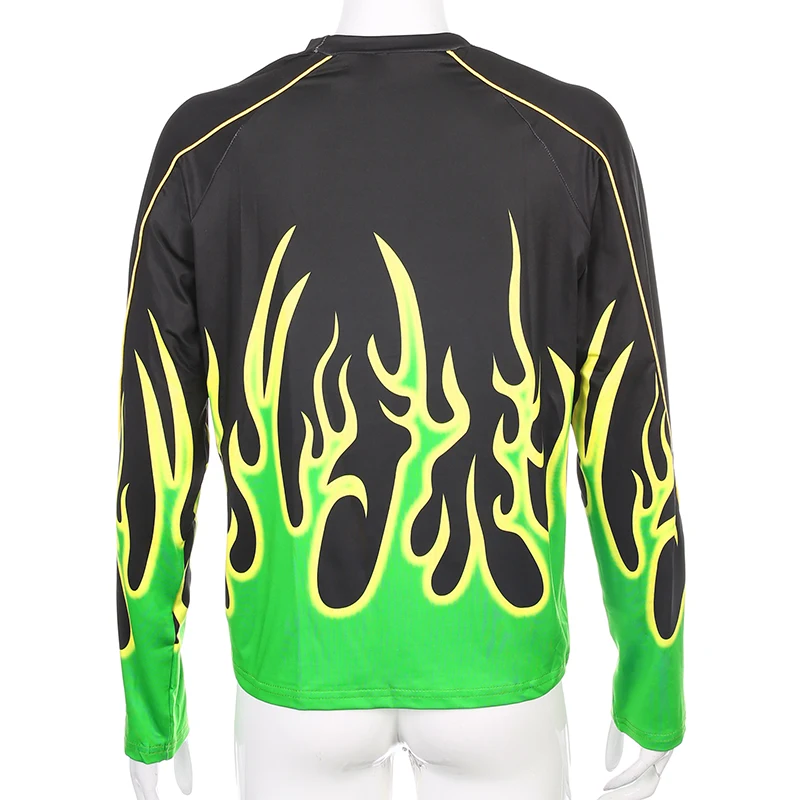 Darlingaga Streetwear Flame Fire Print Two Piece Women Tracksuit Festival Loose Pullover Top Biker Shorts Outfits Matching Sets