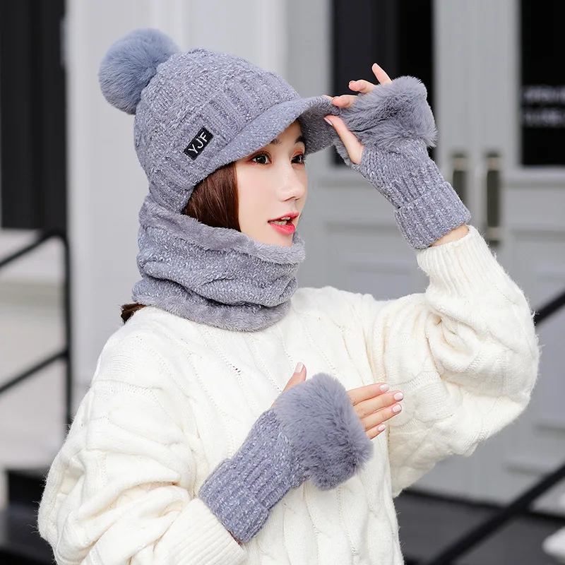 

Set of Hat and scarf for Women Girl 's Knitted Hat Ring Scarf Cotton Wool Skuiless Beanie Female Cap and scarves keep warm
