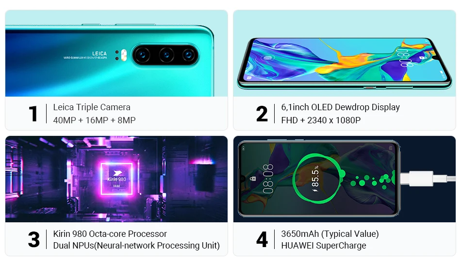 Huawei P30, 8 ГБ ОЗУ, 128 Гб ПЗУ, смартфон Kirin 980, четыре ядра, мобильный телефон, экран 6,1 дюйма, 40 МП, 3 камеры, Android 9, NFC, супер зарядка