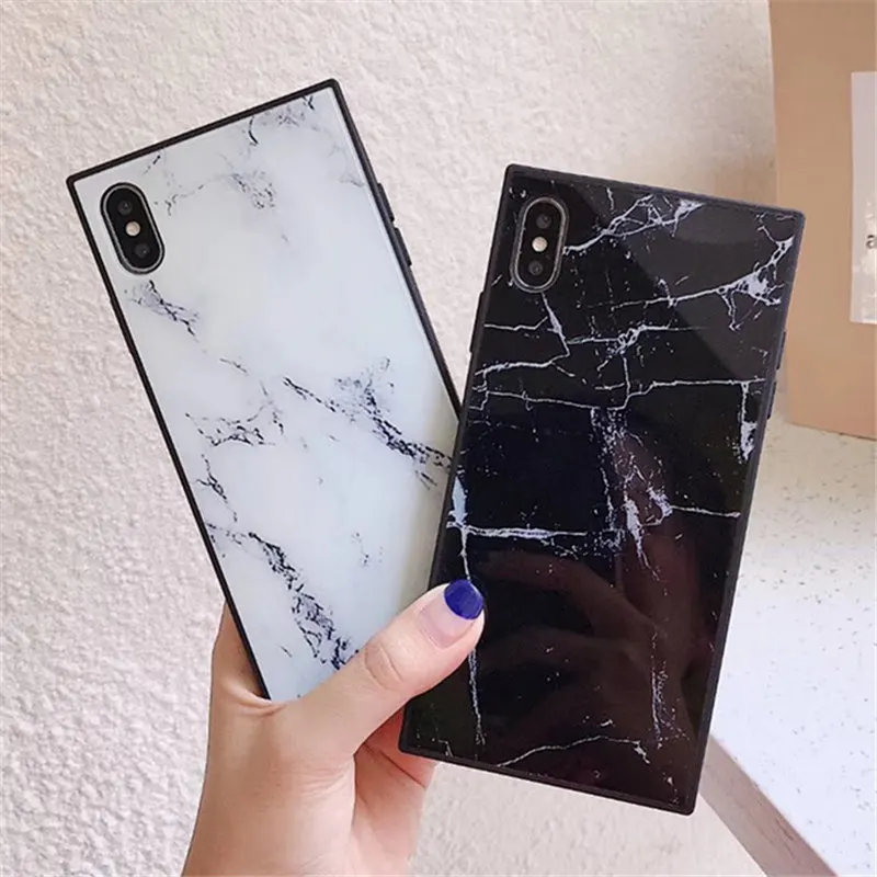 

Cartoon square heart Tempered Glass Case For iPhone 7 8 Plus 6 6s X XR XS MAX Matte Shockproof TPU White Marble Back Cover Cases