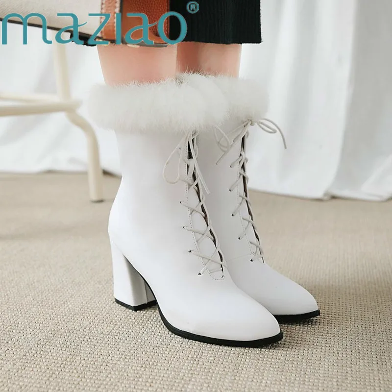 

Size 33-43 Women Winter Mid Calf High Heel Boots with Thick Faux Fur Cross Strap Pointed Toe Motorcycle Boots Women Shoes MAZIAO