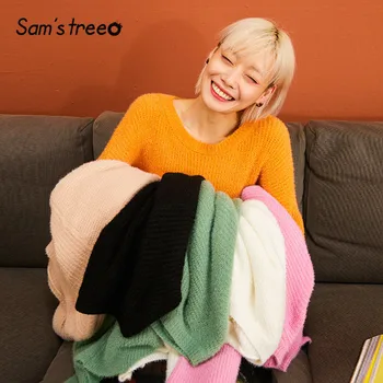 

SAM'S TREE Colorful Solid Split Side Casual Downy Sweaters Women 2019 Winter Pure Long Sleeve Soft Loose Office Ladies Tops