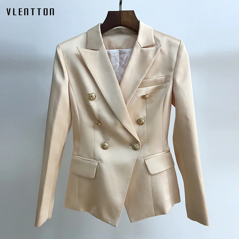 

High Quality Autumn Blazer Jacket Women Double Breasted Lion Button Satin Office Lady Blazers Feminino Outwear Coat Female Mujer