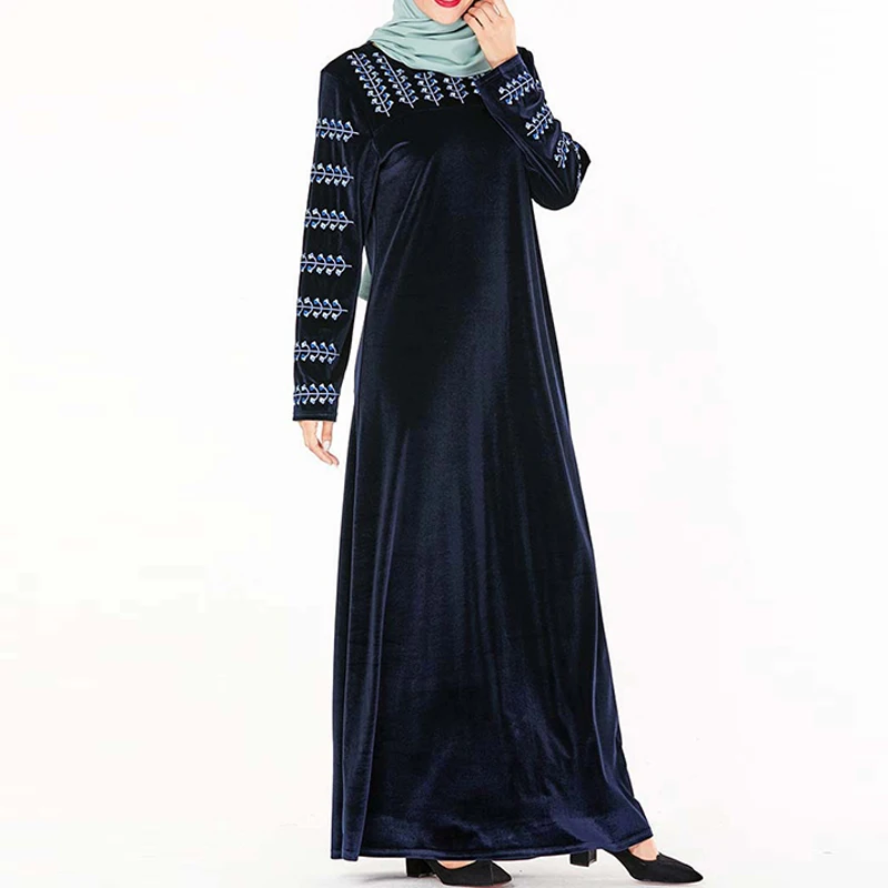 dark blue dress Размера плюс, зимняя бархатная Абаи Дубайский хиджаб платье в мусульманском стиле Костюмы для Для женщин Кафтан турецкие платья Рамадан Kleding - Цвет: dark blue dress
