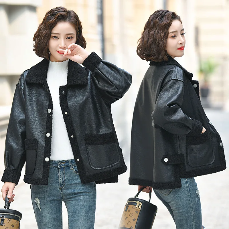 

Brushed And Thick Leather Coat Women's Short Leather Jacket 2019 Winter New Style Korean-style Loose-Fit Short-height Black PU C