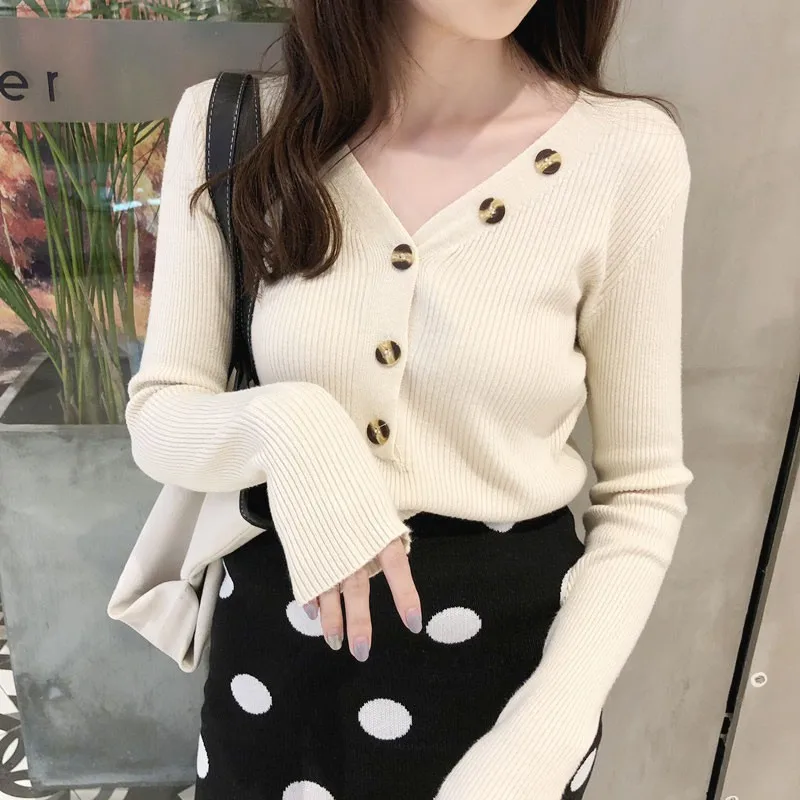 Women Sweater Button V-neck Sweater Women Spring Autumn Solid Knitted Pullover Women Slim Soft Jumper Sweater Female Knit Tops