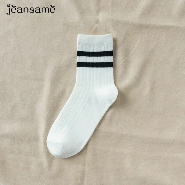 Double stripe White Однотонные хлопковые трендовые теплые женские носки с черным принтом, короткие женские носки в полоску, Харадзюку, желтые носки, уличная одежда, хипстерские носки - Цвет: Double stripe White