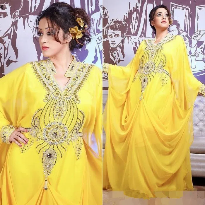 Yellow Chiffon Dubai Abaya Kaftan Beading Crystal Arabic occasion prom Dress Muslim Long Sleeves Evening Dresses Formal gowns Yellow Chiffon Dubai Abaya Kaftan Beading Crystal Arabic occasion prom Dress Muslim Long Sleeves Evening Dresses Formal gowns