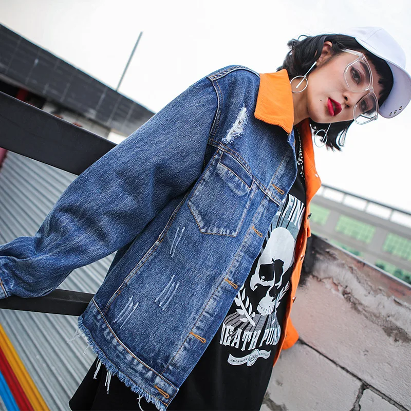 

LADY'S Denim Jacket Spring And Autumn 2019 New Style Korean-style Hip Hop Popular Brand Loose-Fit Contrast Color Tops Women's BF