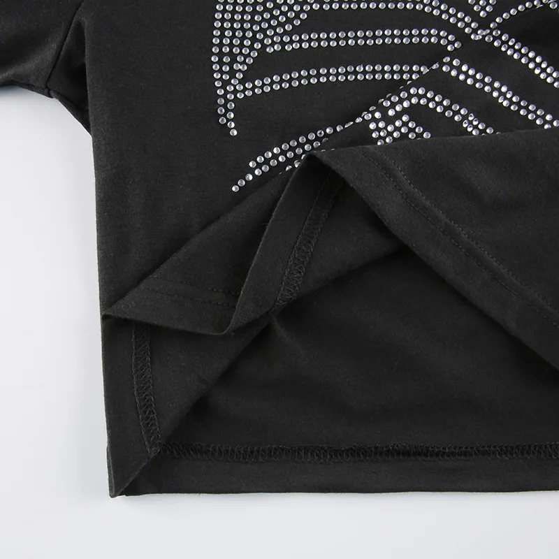 Rhinestone Skeleton Print T Shirts Gothic Clothing Grunge Cyber Y2k Clothes Sexy Black Long Sleeve O-neck Crop Top T-shirt Women