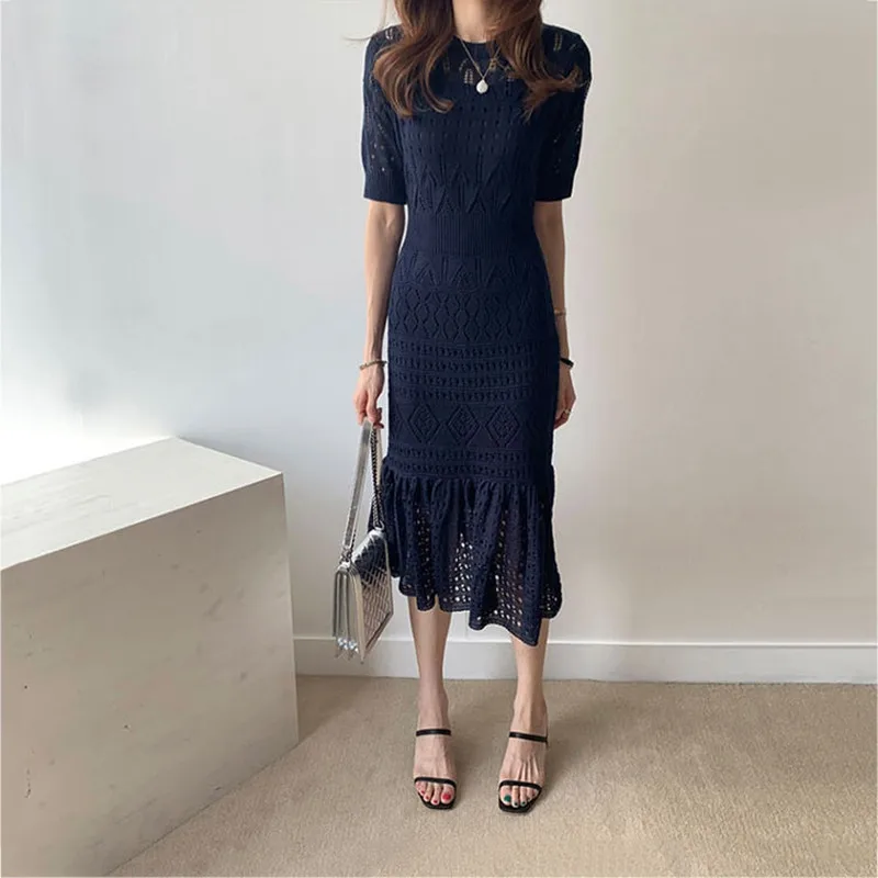 dark blue dress RealShe, женское платье, элегантное, с круглым вырезом, с рукавом до локтя, с оборками, сплошное, трикотажное, женское, макси платье, весна-осень, винтажное платье - Цвет: dark blue dress