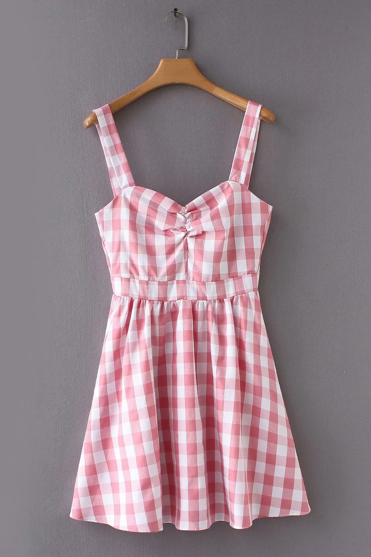 

2018 Spring And Summer WOMEN'S Dress Versitile Fashion Chest Pleated Slimming Red Grid Strapped Dress Short Skirt 8548