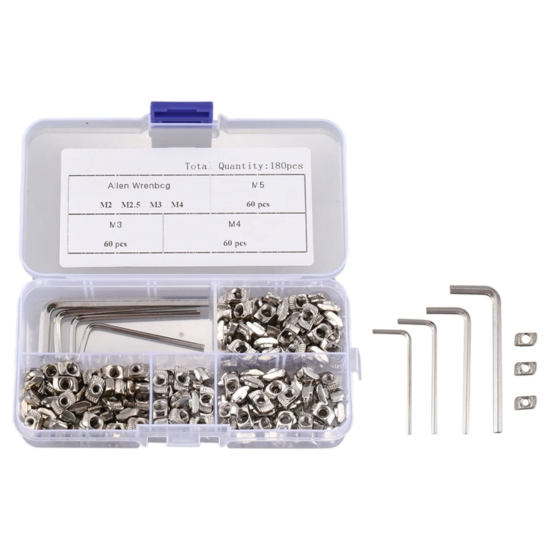 

180Pcs Carbon Steel T Nuts M3 M4 M5 T Slot Nut Hammer Head Nickel Fastener Nut Plated with 4 Matching Wrenches for Aluminum Prof