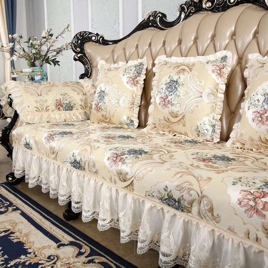 Luxury Lace Sofa Cover Loveseat Recliner for Leather Couch 3 Seater Slipcover Furniture Protector Jacquard Anti-Slip European | Дом и сад