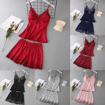 

Summer Pajama Women V-Neck Eyelash Silk Lace Sexy Stain Camisole pyjamas women Bowknot Shorts Set pajamas sleepwear пижама