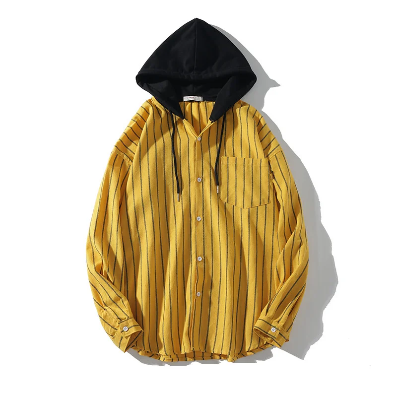 Koop BOLUBAO Merk Heren Hooded Casual Shirt Lente Herfst Nieuwe Mannenmode Revers Slim Fit Shirts Lange Mouwen Gestreepte Shirts mannelijke