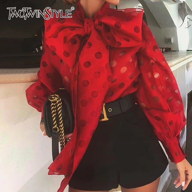 US $16.00 TWOTWINSTYLE Casual Ruched Women's Blouses Bow Collar Lantern Long Sleeve Lace Up Shirts For Female