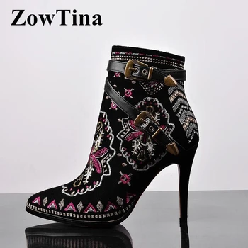 

Black Suede Women Embroider Chelsea Boots Pointed Toe Autumn Chelsea Booties Ankle Strap Buckle Decor Knight Botines High Heels