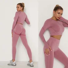 

Vital Women Sport Suit Yoga Set Gym Workout Clothes Long Sleeve Fitness Crop Top High Waist Seamless Leggings Sports Suits